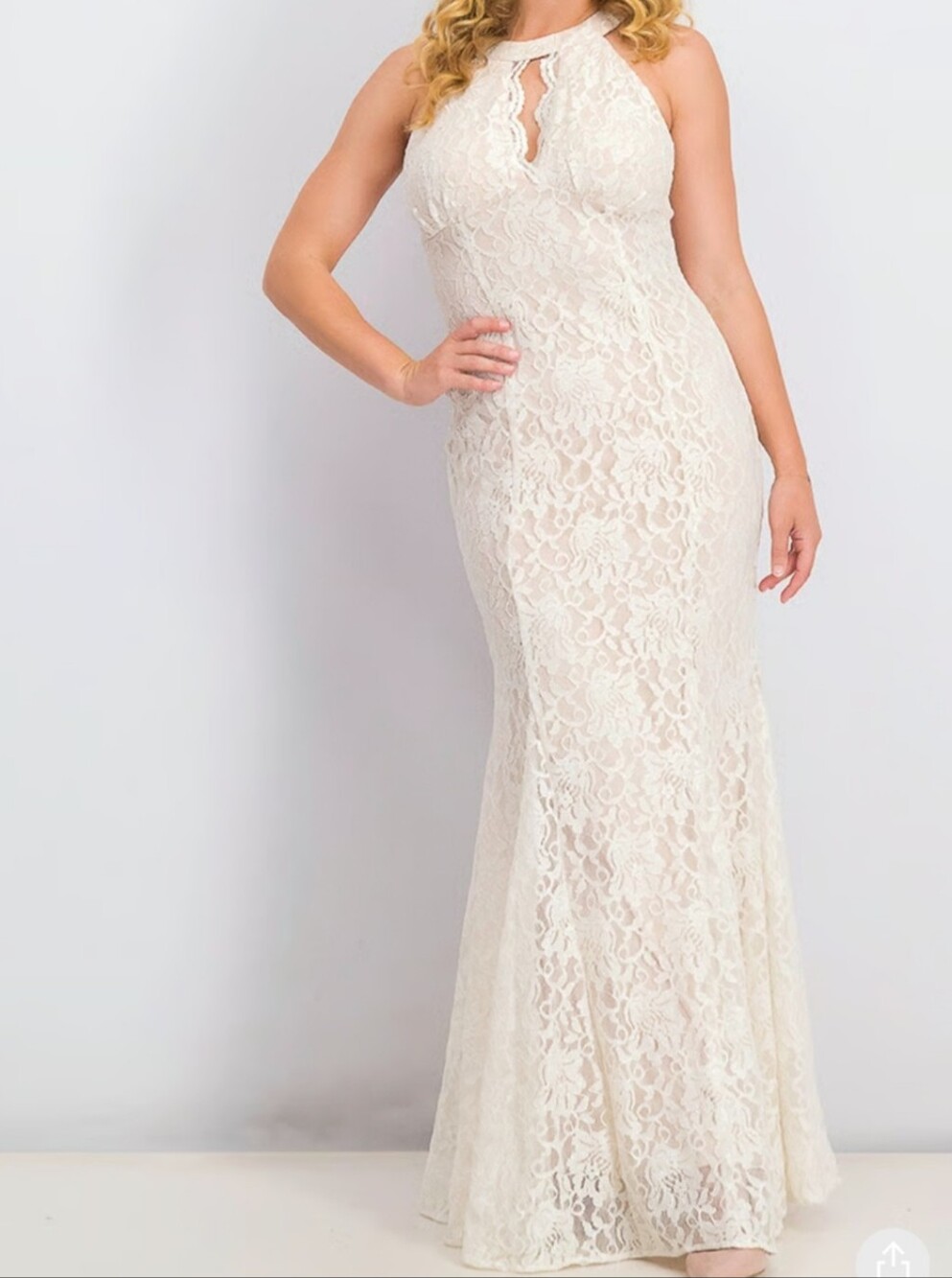 Lace Overlay Keyhole Halter Gown Size 12 Floor Length Mermaid Formal Ivory Nude